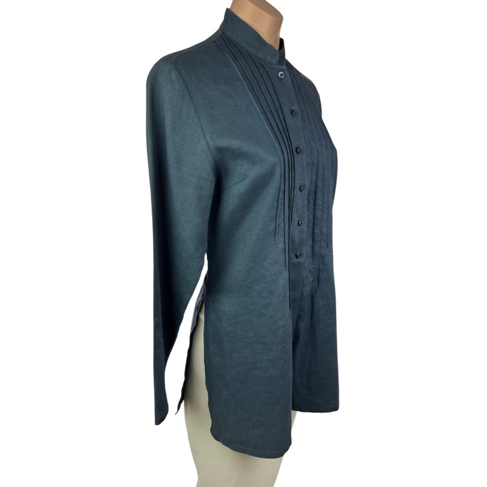Willi Smith Blue Tunic Blouse Sz 6 100% Linen Button Front Stand Up Collar - Picture 5 of 6